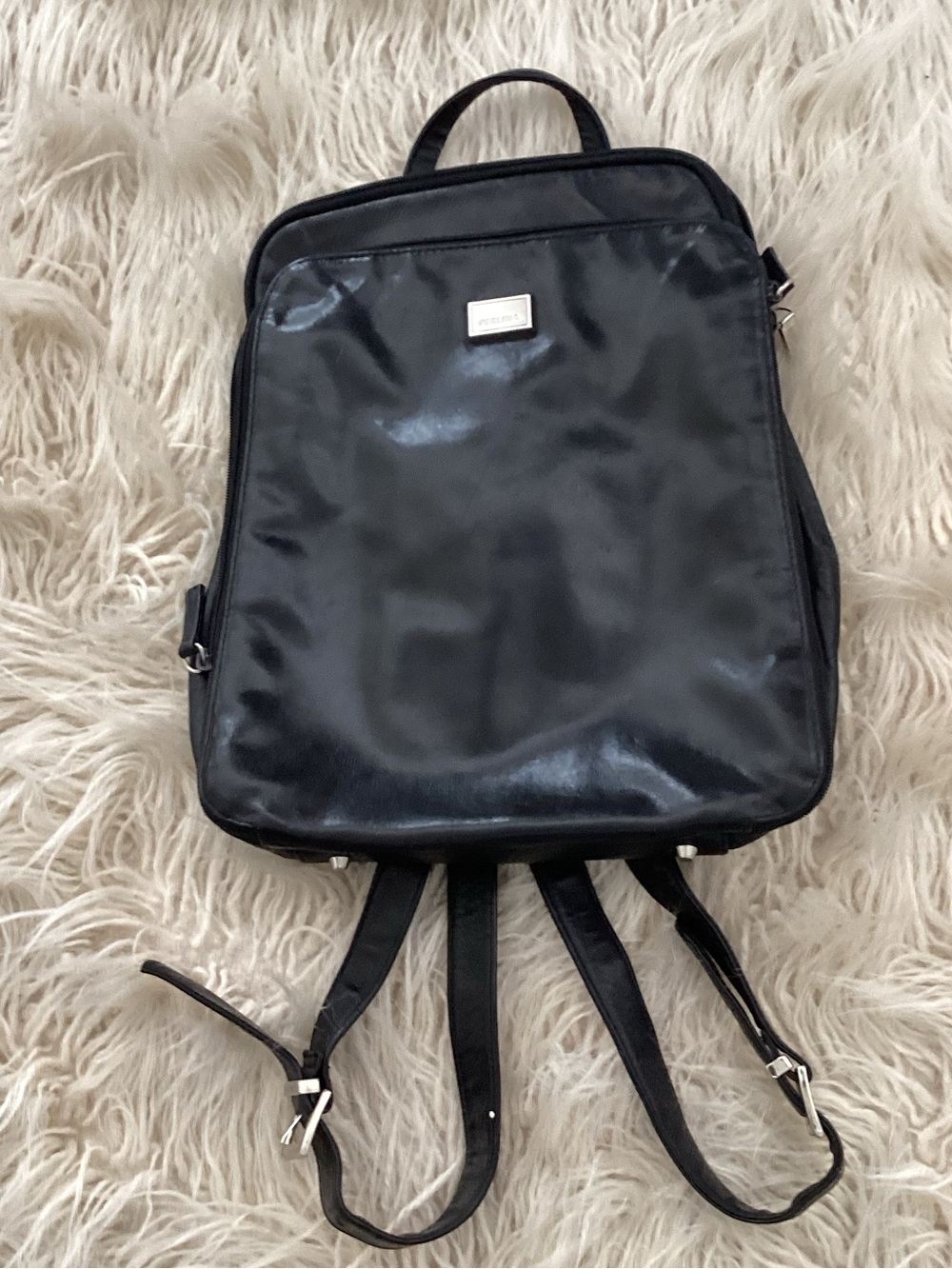 Perlina Black Leather Backpack with Silver Plaque